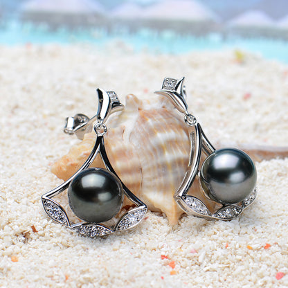 Tahitian Saltwater Real Black Pearl Ear Stud Nail Princess Shape S925 Silver Moissanite Earrings