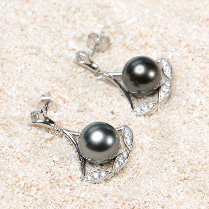 Tahitian Saltwater Real Black Pearl Ear Stud Nail Princess Shape S925 Silver Moissanite Earrings