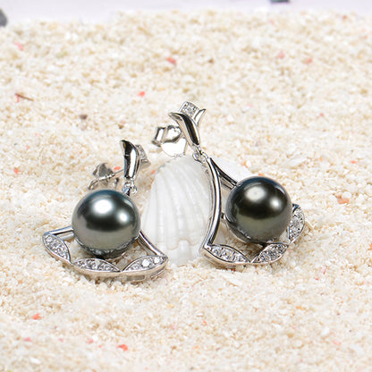 Tahitian Saltwater Real Black Pearl Ear Stud Nail Princess Shape S925 Silver Moissanite Earrings