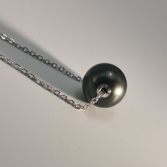 Natural Real Tahitian Saltwater Black Pearl Simple Design Pendant S925 Silver Necklace