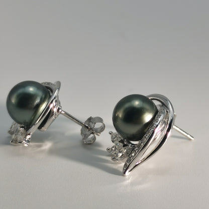 Tahitian Saltwater Real Black Pearl Ear Stud Flower Shape S925 Silver 18K Gold Moissanite Earrings