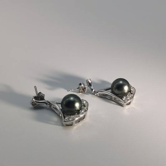 Tahitian Saltwater Real Black Pearl Ear Stud Nail Princess Shape S925 Silver Moissanite Earrings