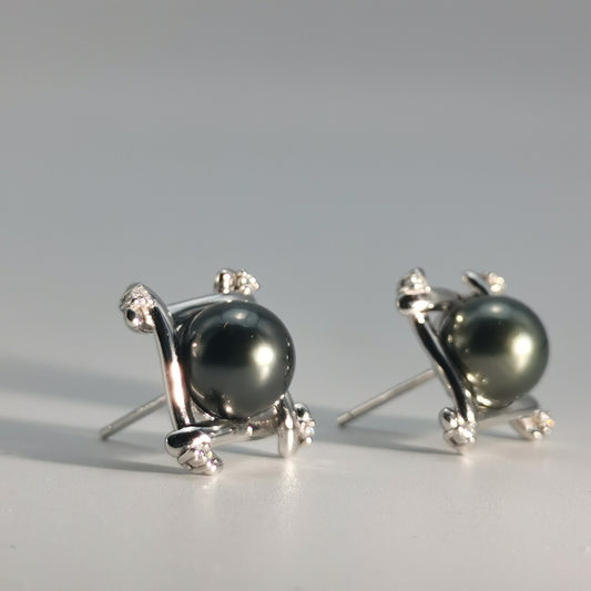 Tahitian Saltwater Real Black Pearl Ear Stud Nail S925 Silver Moissanite Earrings