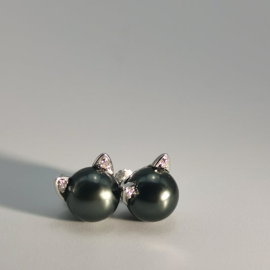 Tahitian Saltwater Real Black Pearl Cat Shape Ear Stud Nail S925 Silver Moissanite Earrings