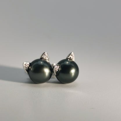Tahitian Saltwater Real Black Pearl Cat Shape Ear Stud Nail S925 Silver Moissanite Earrings