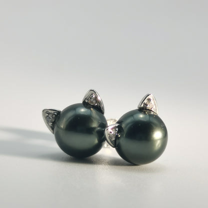 Tahitian Saltwater Real Black Pearl Cat Shape Ear Stud Nail S925 Silver Moissanite Earrings