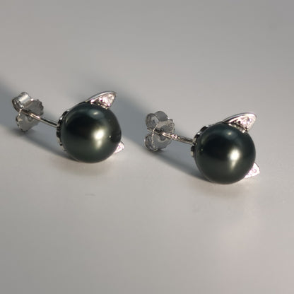 Tahitian Saltwater Real Black Pearl Cat Shape Ear Stud Nail S925 Silver Moissanite Earrings