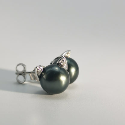 Tahitian Saltwater Real Black Pearl Cat Shape Ear Stud Nail S925 Silver Moissanite Earrings