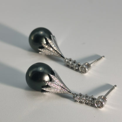 Tahitian Saltwater Real Black Pearl Ear Stud Nail Flower Shape S925 Silver 18K Gold Moissanite Earrings