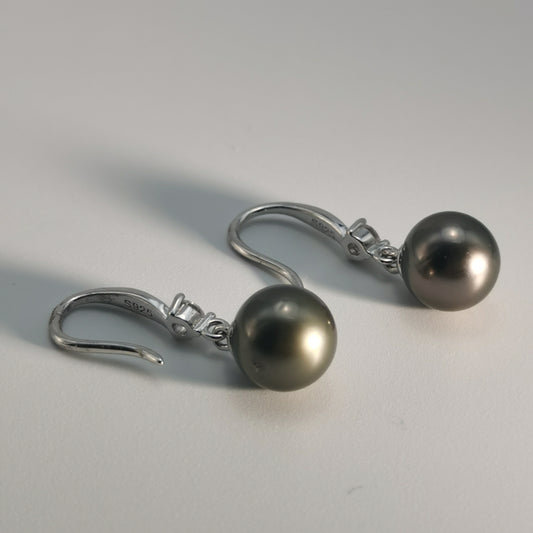 Tahitian Saltwater Real Black Pearl Ear Stud Hook Shape S925 Silver Moissanite Earrings