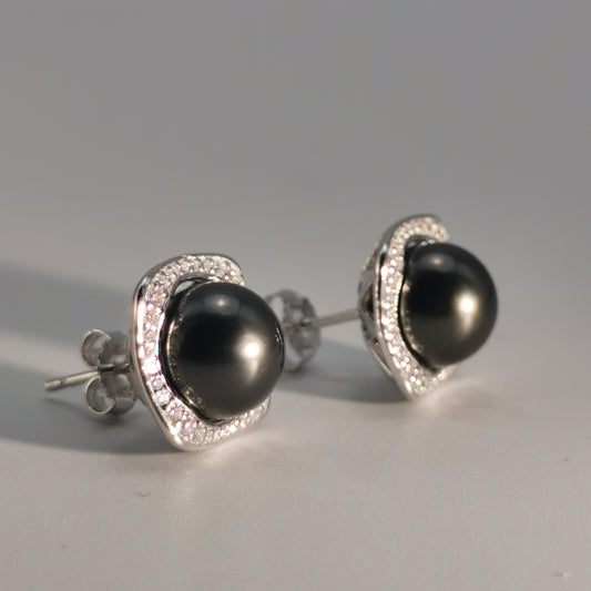 Tahitian Saltwater Real Black Pearl Ear Stud Stars and Moon S925 Silver Moissanite Earrings