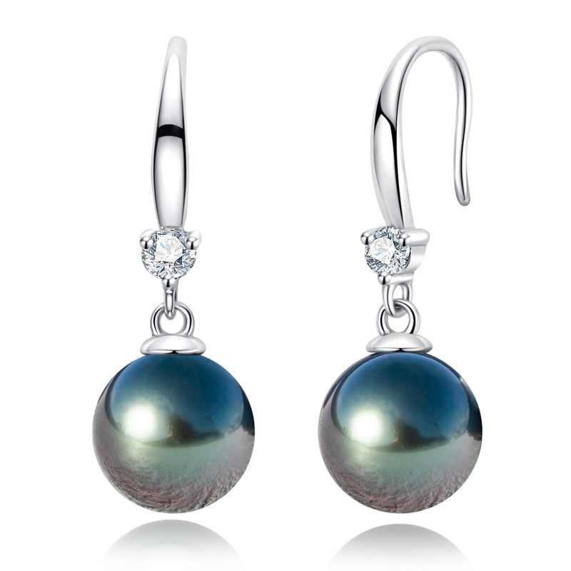 Tahitian Saltwater Real Black Pearl Ear Stud Hook Shape S925 Silver Moissanite Earrings