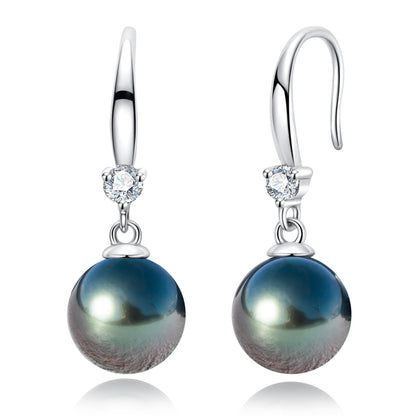 Tahitian Saltwater Real Black Pearl Ear Stud Hook Shape S925 Silver Moissanite Earrings