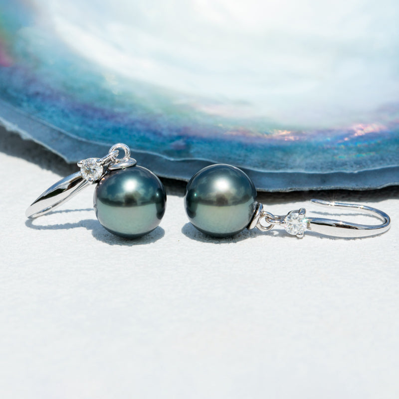 Tahitian Saltwater Real Black Pearl Ear Stud Hook Shape S925 Silver Moissanite Earrings