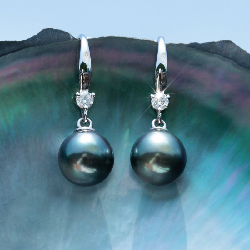 Tahitian Saltwater Real Black Pearl Ear Stud Hook Shape S925 Silver Moissanite Earrings