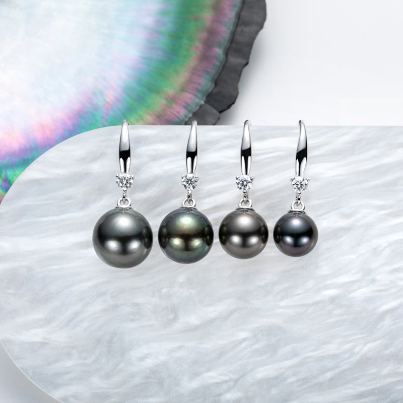Tahitian Saltwater Real Black Pearl Ear Stud Hook Shape S925 Silver Moissanite Earrings