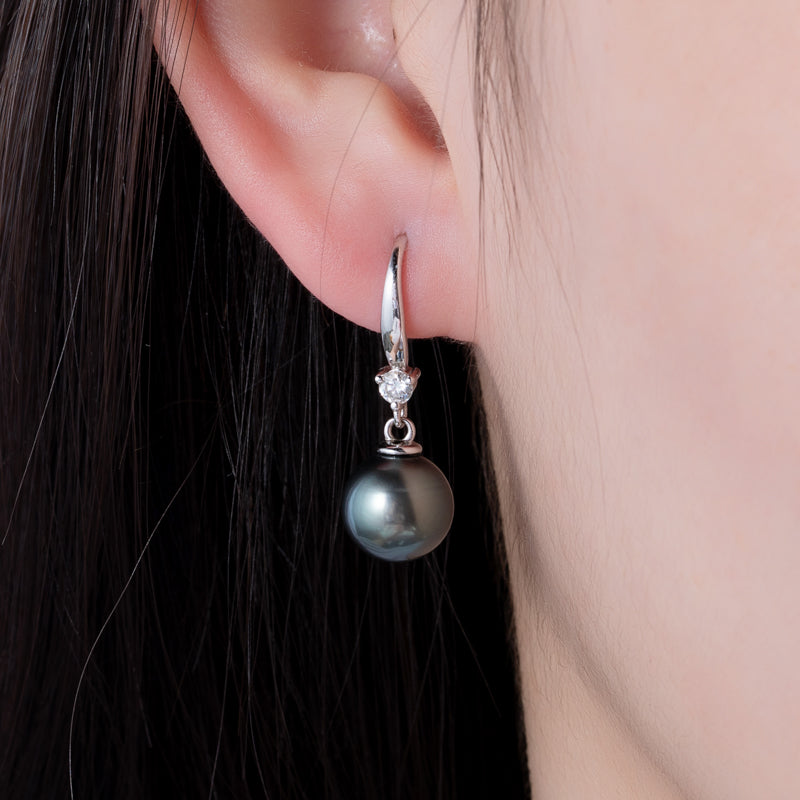Tahitian Saltwater Real Black Pearl Ear Stud Hook Shape S925 Silver Moissanite Earrings