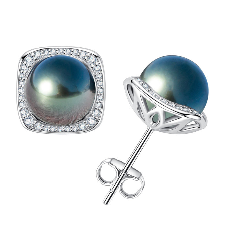 Tahitian Saltwater Real Black Pearl Ear Stud Stars and Moon S925 Silver Moissanite Earrings
