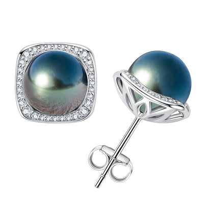 Tahitian Saltwater Real Black Pearl Ear Stud Stars and Moon S925 Silver Moissanite Earrings