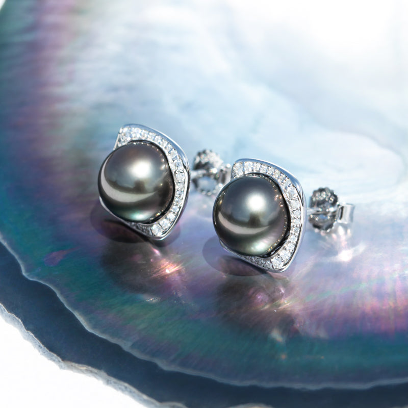 Tahitian Saltwater Real Black Pearl Ear Stud Stars and Moon S925 Silver Moissanite Earrings
