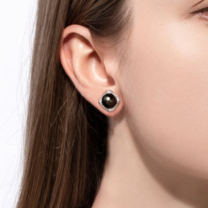 Tahitian Saltwater Real Black Pearl Ear Stud Stars and Moon S925 Silver Moissanite Earrings