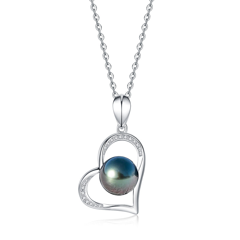 Tahitian Real Black Saltwater Pearl Heart Shape Pendant S925 Silver Moissanite Necklace
