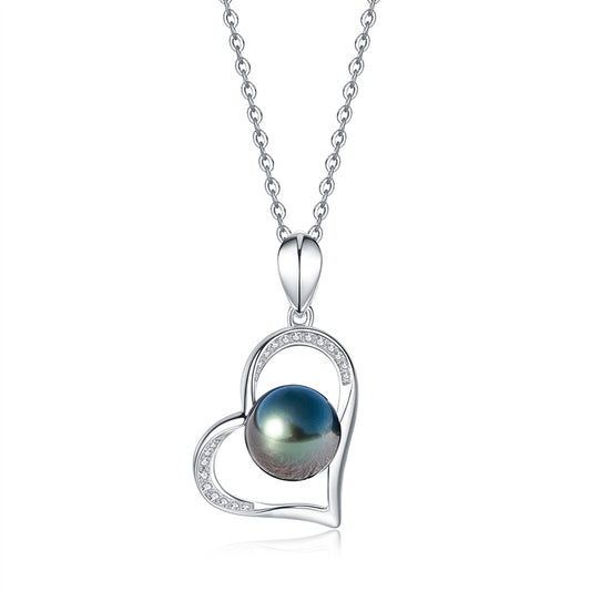 Tahitian Real Black Saltwater Pearl Heart Shape Pendant S925 Silver Moissanite Necklace