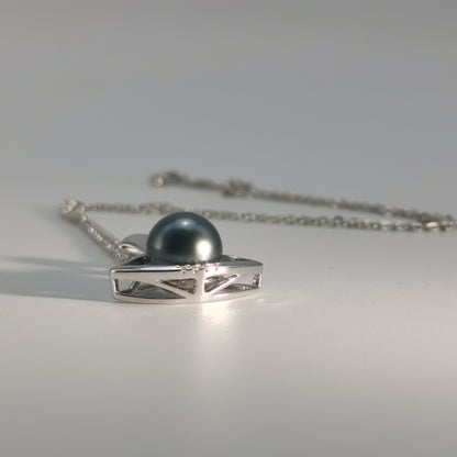 Tahitian Real Black Saltwater Pearl Princess Shape Pendant S925 Silver Moissanite Necklace