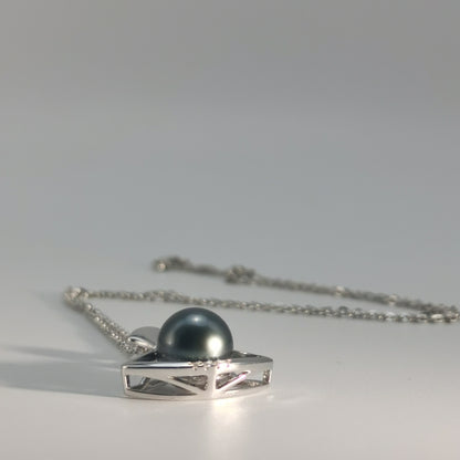Tahitian Real Black Saltwater Pearl Princess Shape Pendant S925 Silver Moissanite Necklace