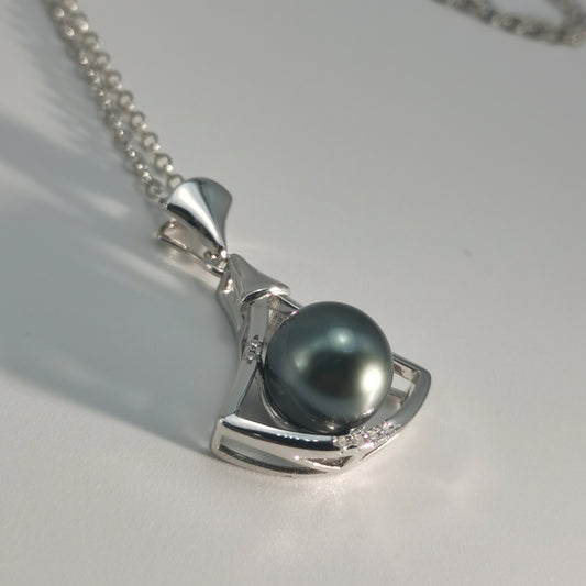 Tahitian Real Black Saltwater Pearl Princess Shape Pendant S925 Silver Moissanite Necklace