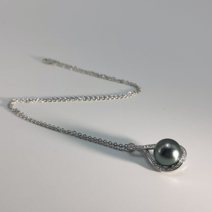 Tahitian Saltwater Real Black Pearl Moissanite Pendant S925 Silver Necklace