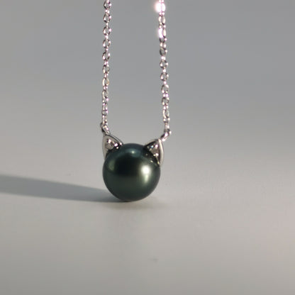 Tahitian Saltwater Real Black Pearl Cat Shape Pendant S925 Silver Moissanite Necklace