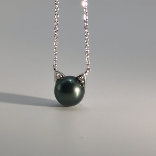 Tahitian Saltwater Real Black Pearl Cat Shape Pendant S925 Silver Moissanite Necklace
