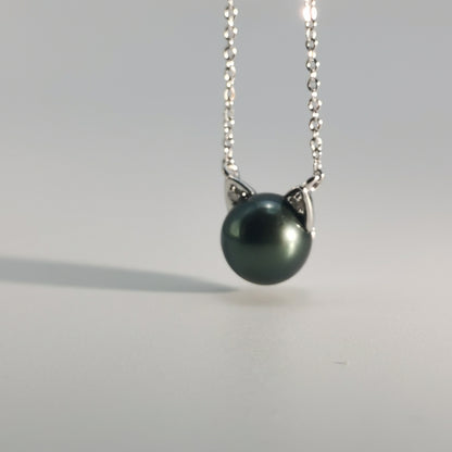 Tahitian Saltwater Real Black Pearl Cat Shape Pendant S925 Silver Moissanite Necklace