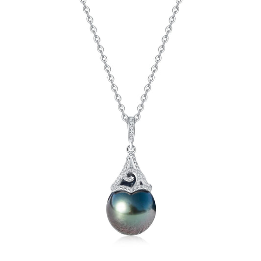 Tahitian Black Saltwater Raindrop Pearl Pendant S925 Silver Moissanite Necklace