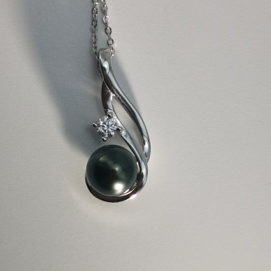 Real Black Saltwater Tahitian Pearl Pendant S925 Silver Moissanite Necklace