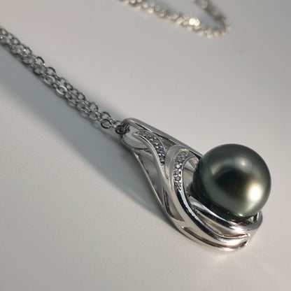 Tahitian Real Black Saltwater Pearl Moissanite Pendant S925 Silver Necklace