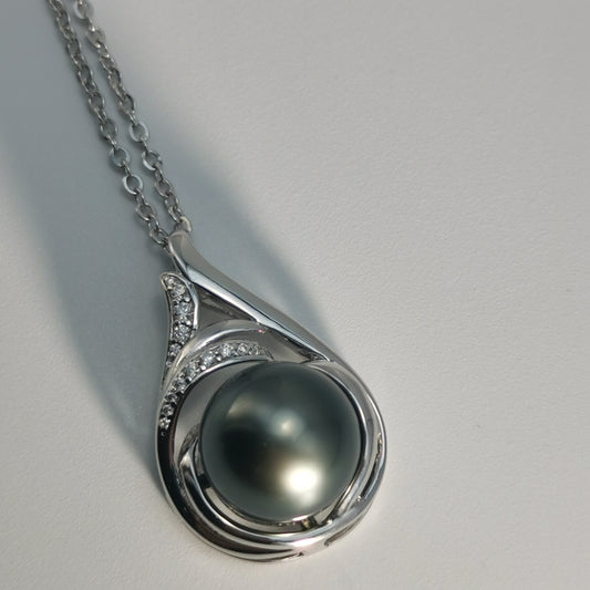 Tahitian Real Black Saltwater Pearl Moissanite Pendant S925 Silver Necklace
