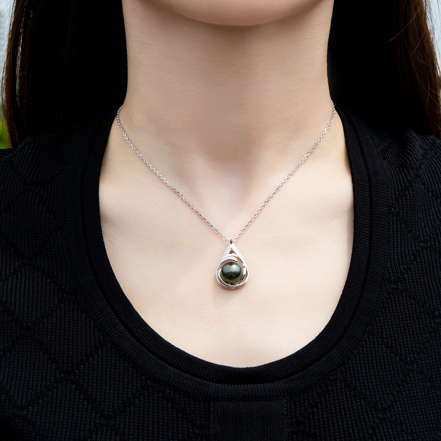 Tahitian Real Black Saltwater Pearl Moissanite Pendant S925 Silver Necklace