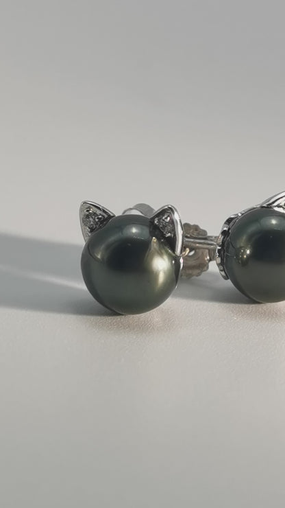Tahitian Saltwater Real Black Pearl Cat Shape Ear Stud Nail S925 Silver Moissanite Earrings