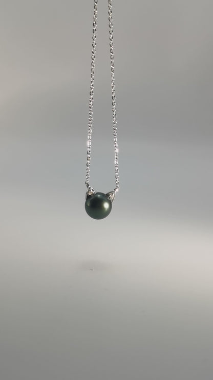 Tahitian Saltwater Real Black Pearl Cat Shape Pendant S925 Silver Moissanite Necklace