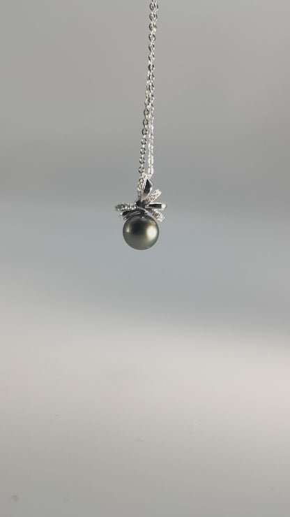 Saltwater Black Pearl Tahitian Cultured Bowknot Pendant S925 Silver Moissanite Necklace