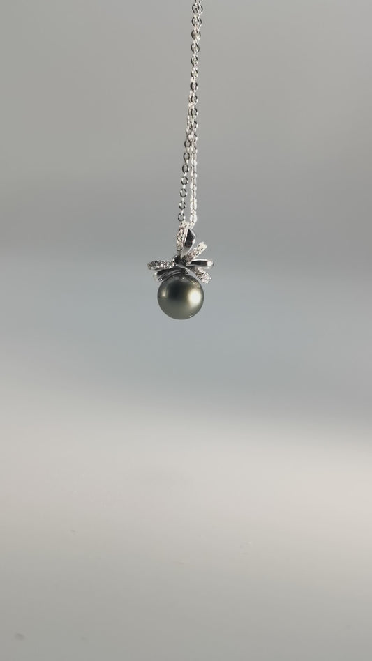 Saltwater Black Pearl Tahitian Cultured Bowknot Pendant S925 Silver Moissanite Necklace