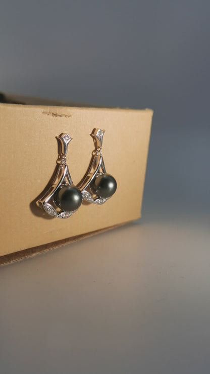 Tahitian Saltwater Real Black Pearl Ear Stud Nail Princess Shape S925 Silver Moissanite Earrings