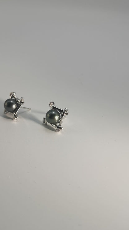 Tahitian Saltwater Real Black Pearl Ear Stud Nail S925 Silver Moissanite Earrings